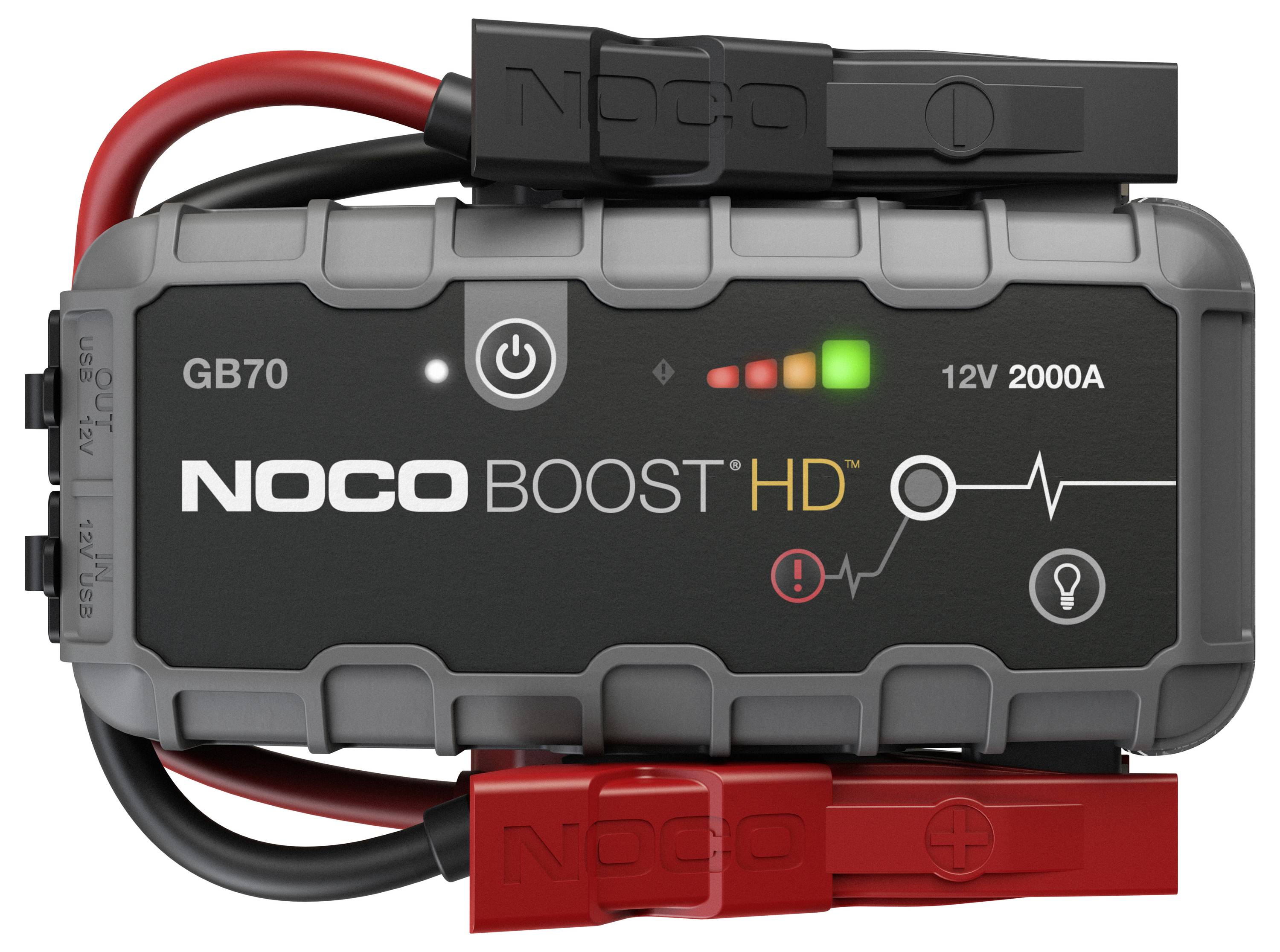 NOCO Boost HD GB70 draagbare jumpstarter met rode en zwarte klemmen, aan/uit-knop, laadniveauindicatoren en 12V 2000A-etiket