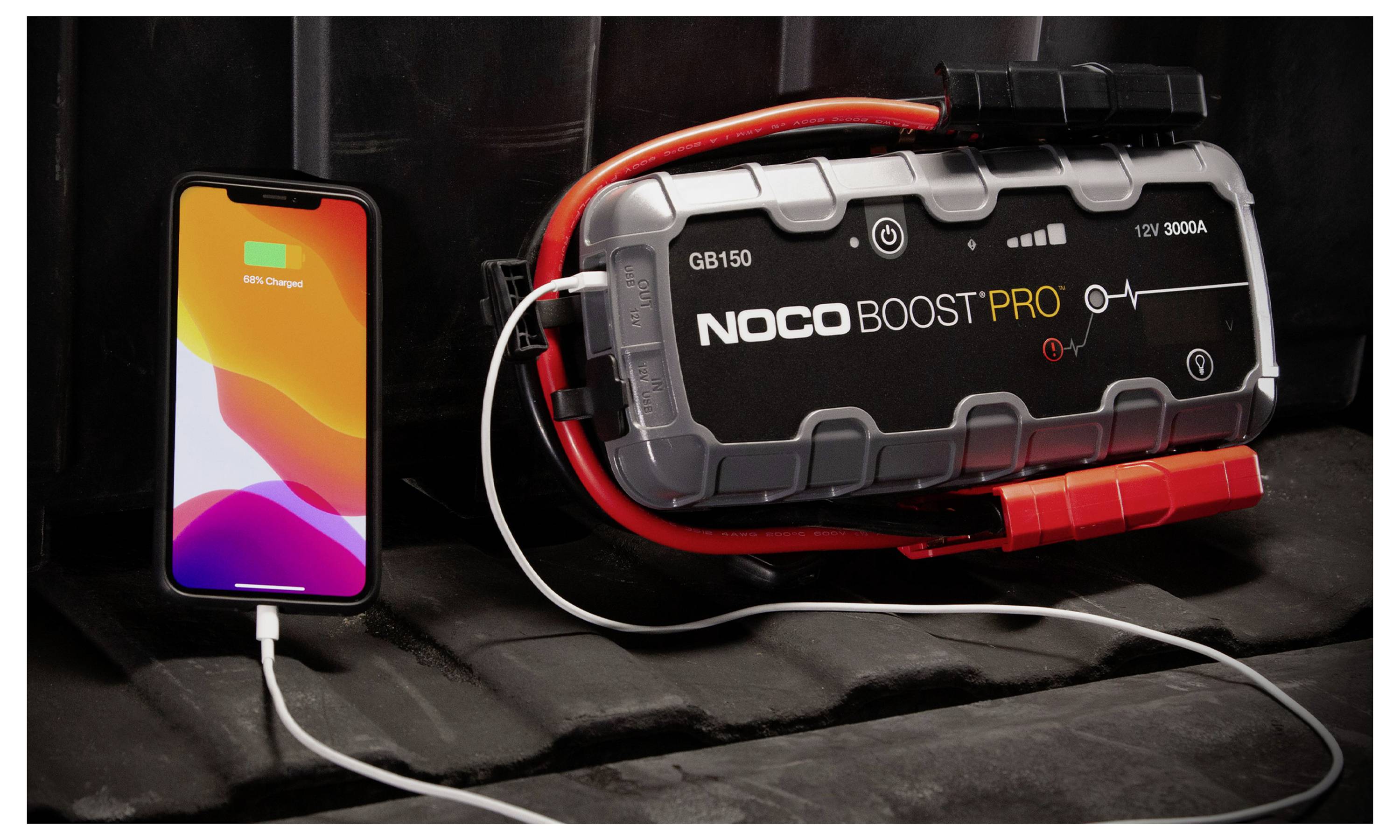 Een smartphone die oplaadt naast een NOCO Boost Pro batterij-jumpstarter die met kabels op een donker oppervlak is verbonden.