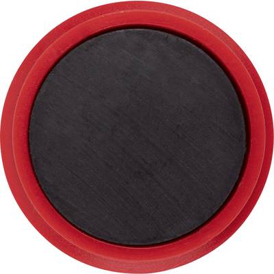 Rode cirkelvormige knop of puck met een zwart centrum op een effen lichte achtergrond.