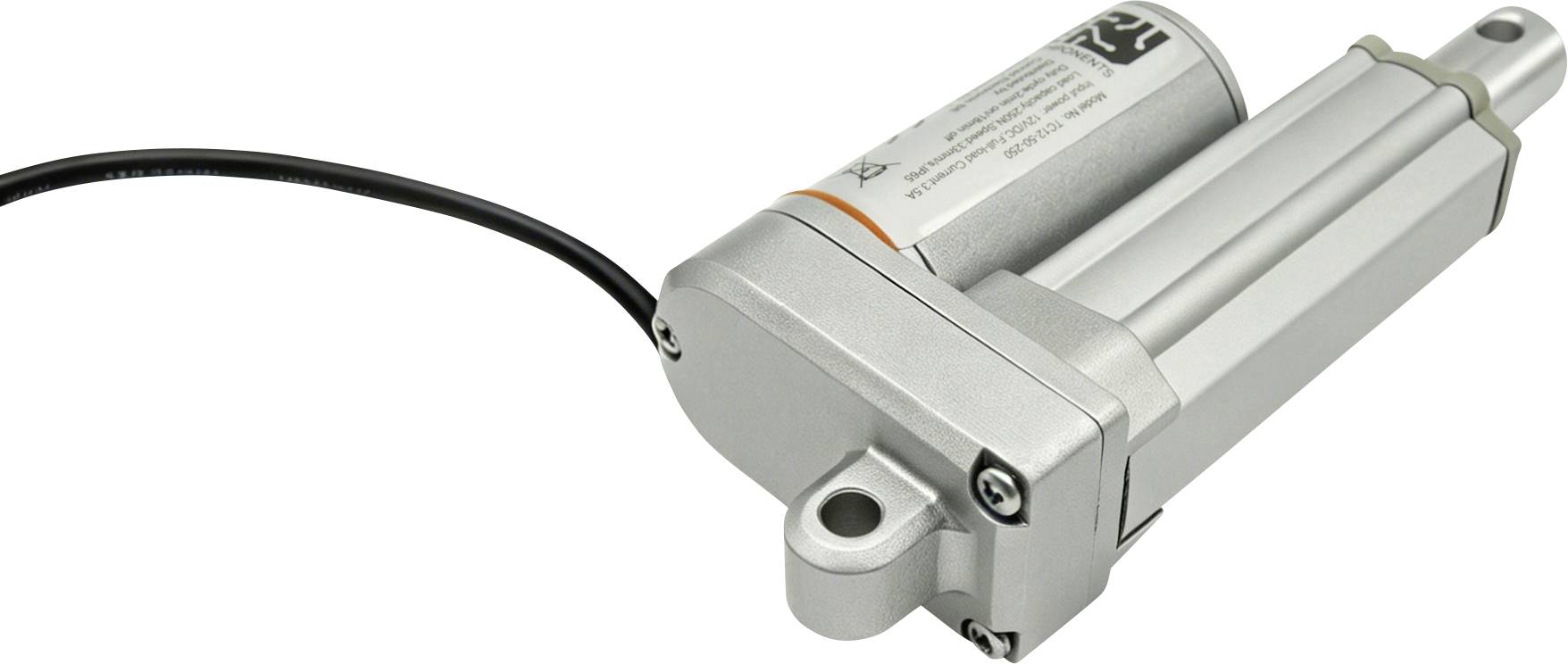Zilveren lineaire actuator met zwarte stroomkabel en montageoortjes, getoond op een witte achtergrond.