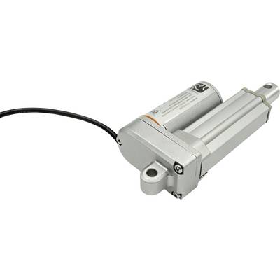 Zilveren lineaire actuator met zwarte stroomkabel en montageoortjes, getoond op een witte achtergrond.