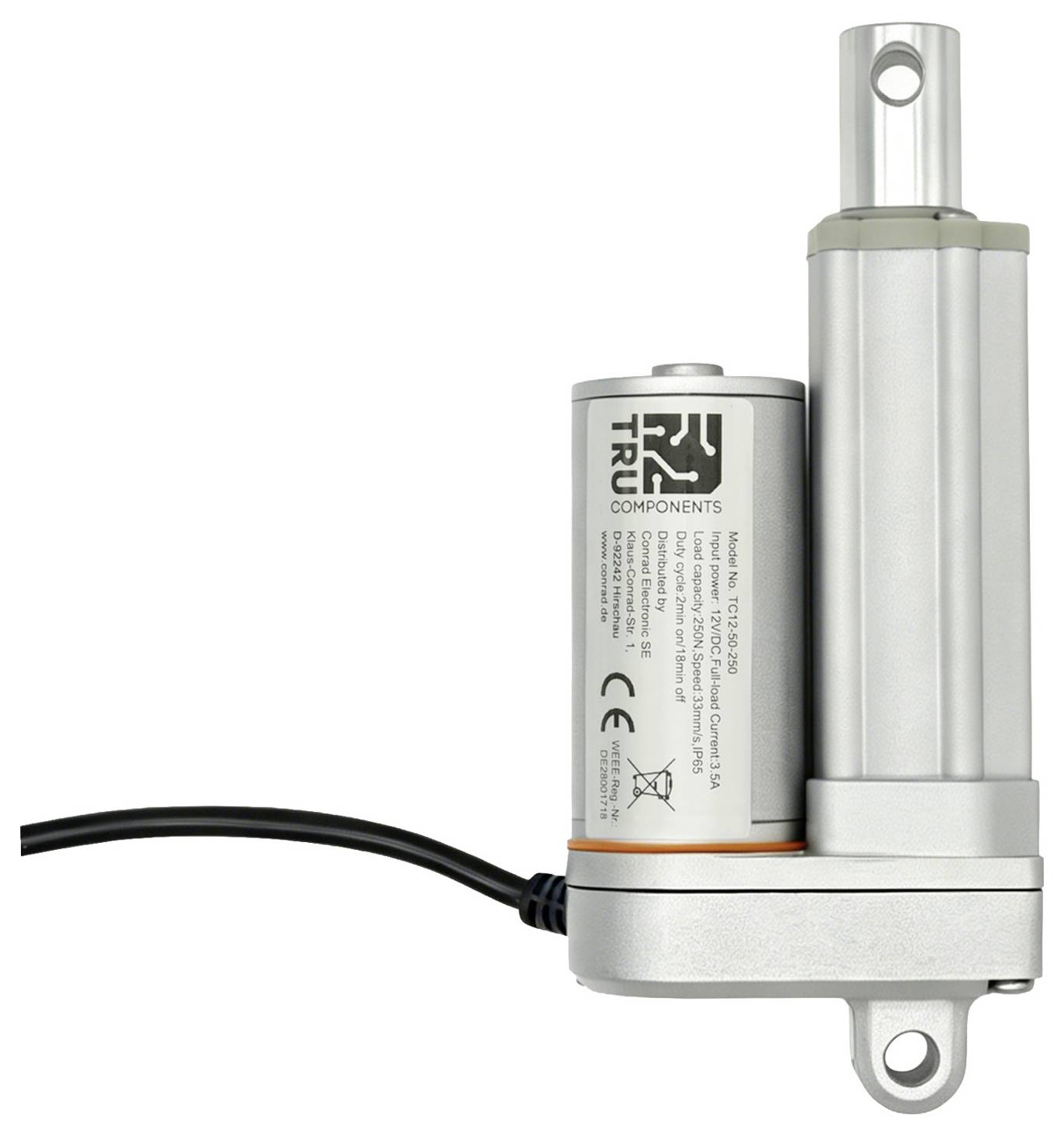 Zilveren elektrische lineaire actuator met bijbehorende kabel, afgebeeld op een witte achtergrond.