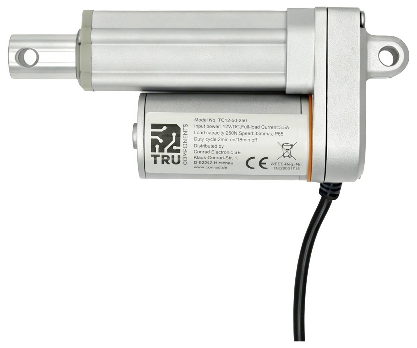 Elektrische lineaire actuator met metalen behuizing, bevestigingsogen en aangesloten voedingskabel op een witte achtergrond.