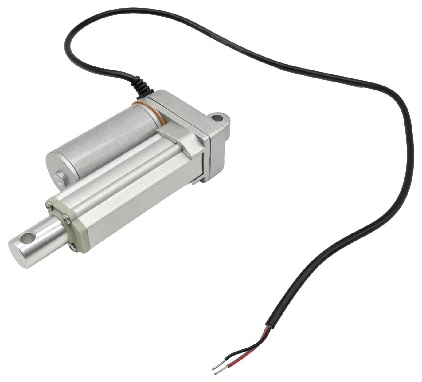 Elektrische lineaire actuator met aangesloten stroomkabel en blootgestelde draadleiders op een witte achtergrond.