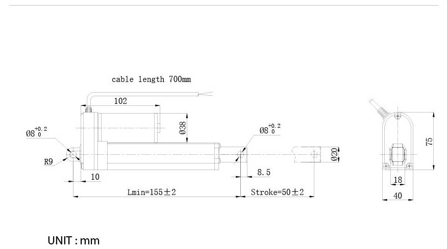 Technische dimensioentekening van een lineaire actuator, gelabeld kabellengte 700 mm, met afmetingen in mm waarop Lmin 155±2, slag 50±2, en algehele breedte- en hoogtedimensies worden weergegeven.
