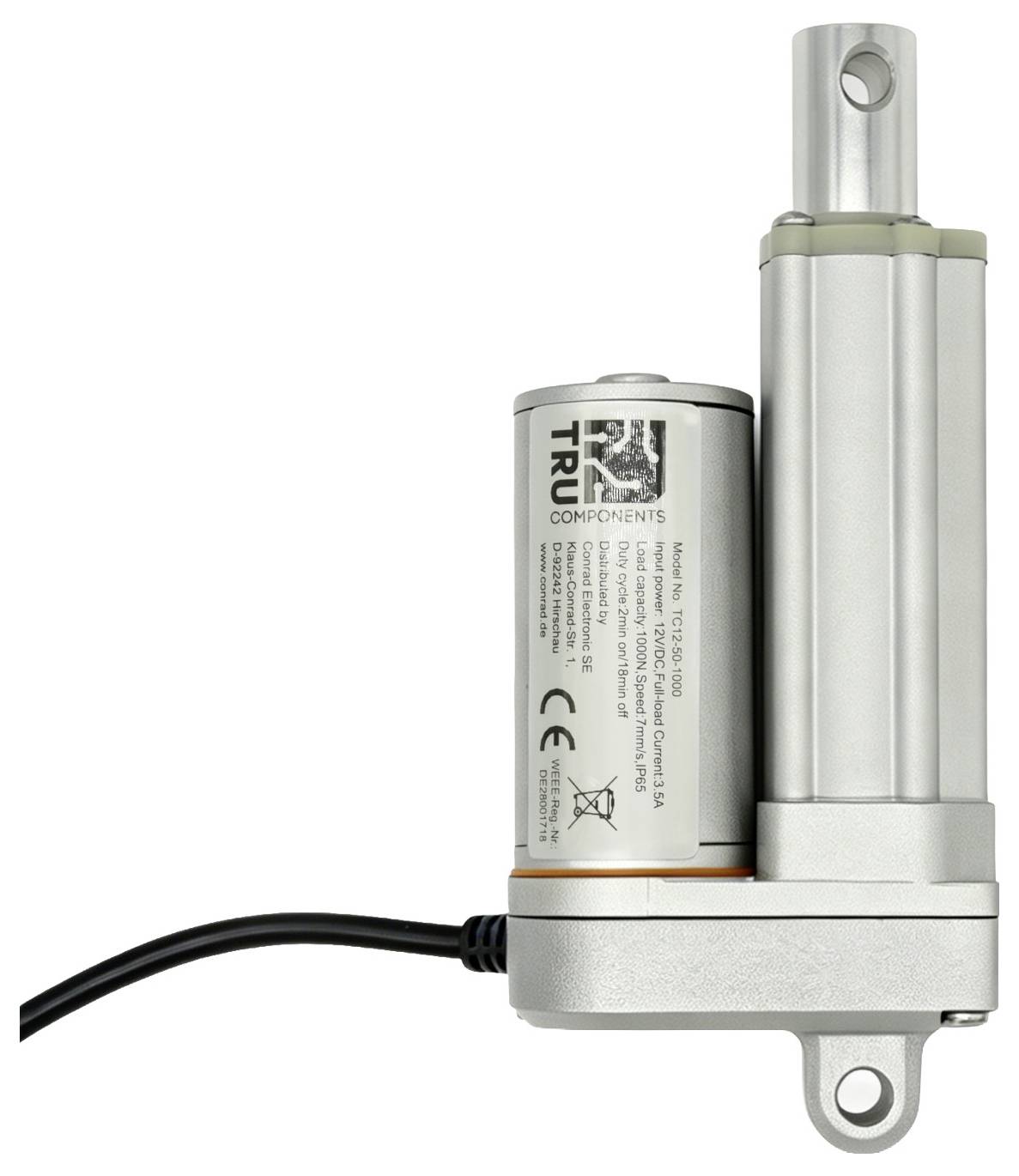 Zilveren lineaire actuator met een TRU Components batterijpakket eraan bevestigd en een zwart voedingskabel, afgebeeld op een witte achtergrond.