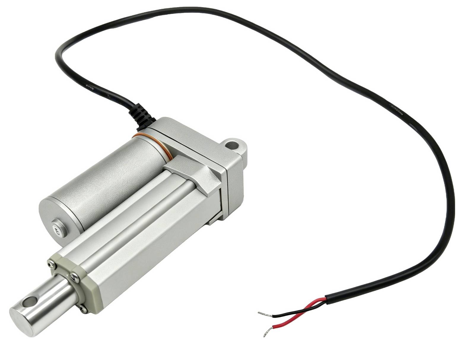 Zilveren elektrische lineaire actuator met aangesloten zwarte stroomkabel en blootgestelde rode en zwarte draaduiteinden.