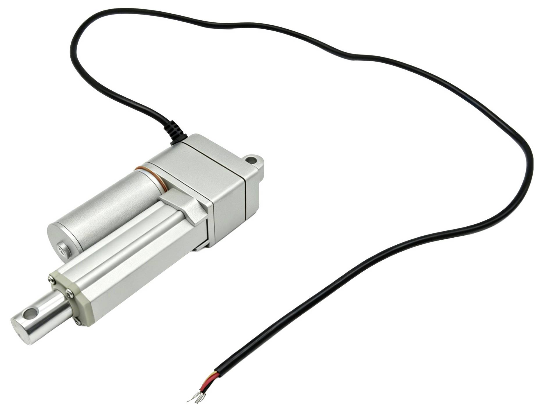 Elektrische lineaire actuator met aangesloten stroombekeuring en verlengde metalen staaf op een witte achtergrond.