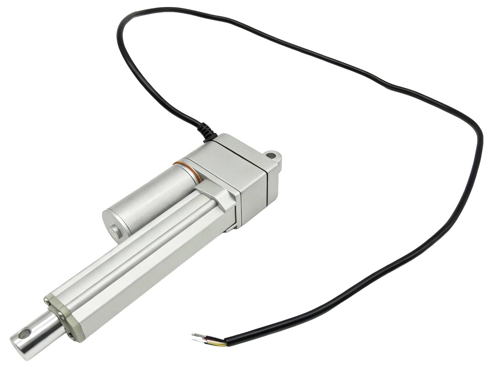Elektrische lineaire actuator met aangebrachte zwarte stroomkabel en blootgestelde draadeinden op een witte achtergrond.