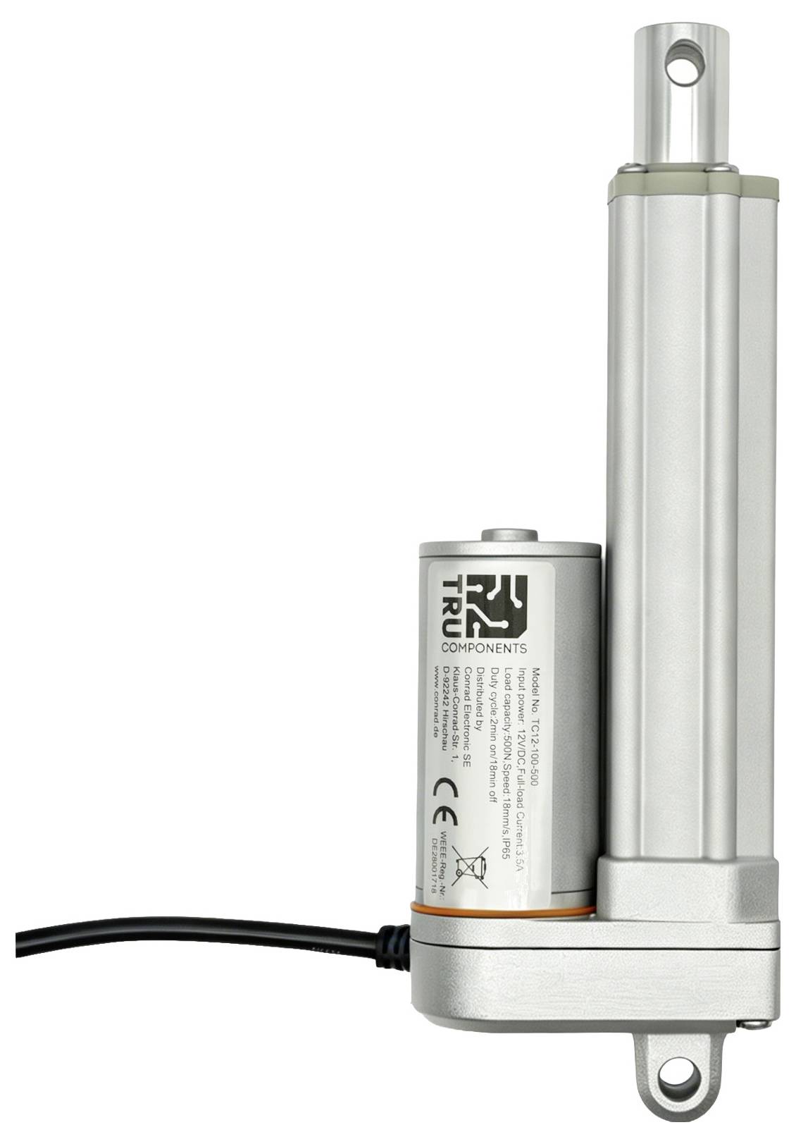 Zilveren lineaire actuatormotor met kabel en montagekleuken op een witte achtergrond.
