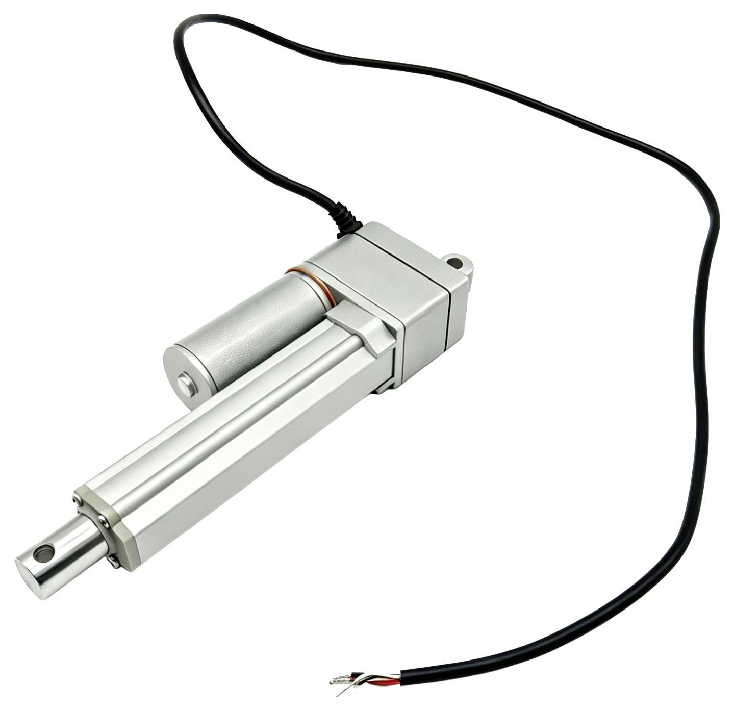 Elektrische lineaire actuator met aangesloten voedingskabel en montageebeugel, weergegeven op een geïsoleerde witte achtergrond.