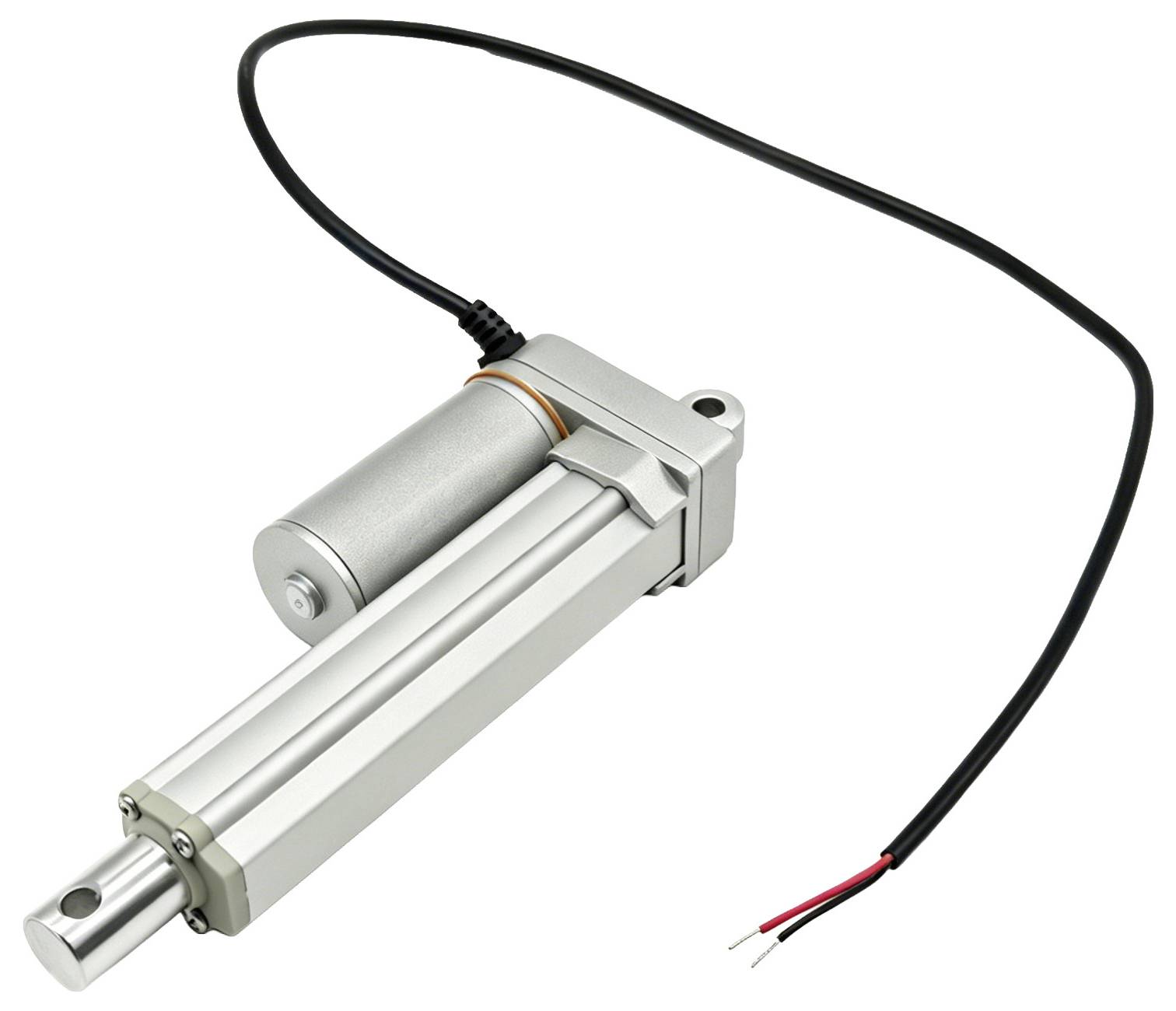 Zilveren elektrische lineaire actuator met bijgevoegd zwart netsnoer en zichtbare rode en witte draden op een witte achtergrond.