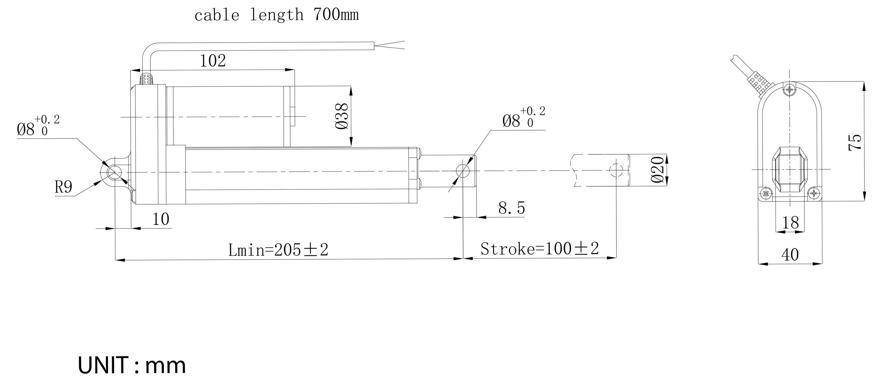 Technische tekening van een cilindrische kabelaanstuurder met afmetingen in millimeters, inclusief 700 mm kabellengte, 205±2 mm minimale lengte, en 100±2 mm slag.