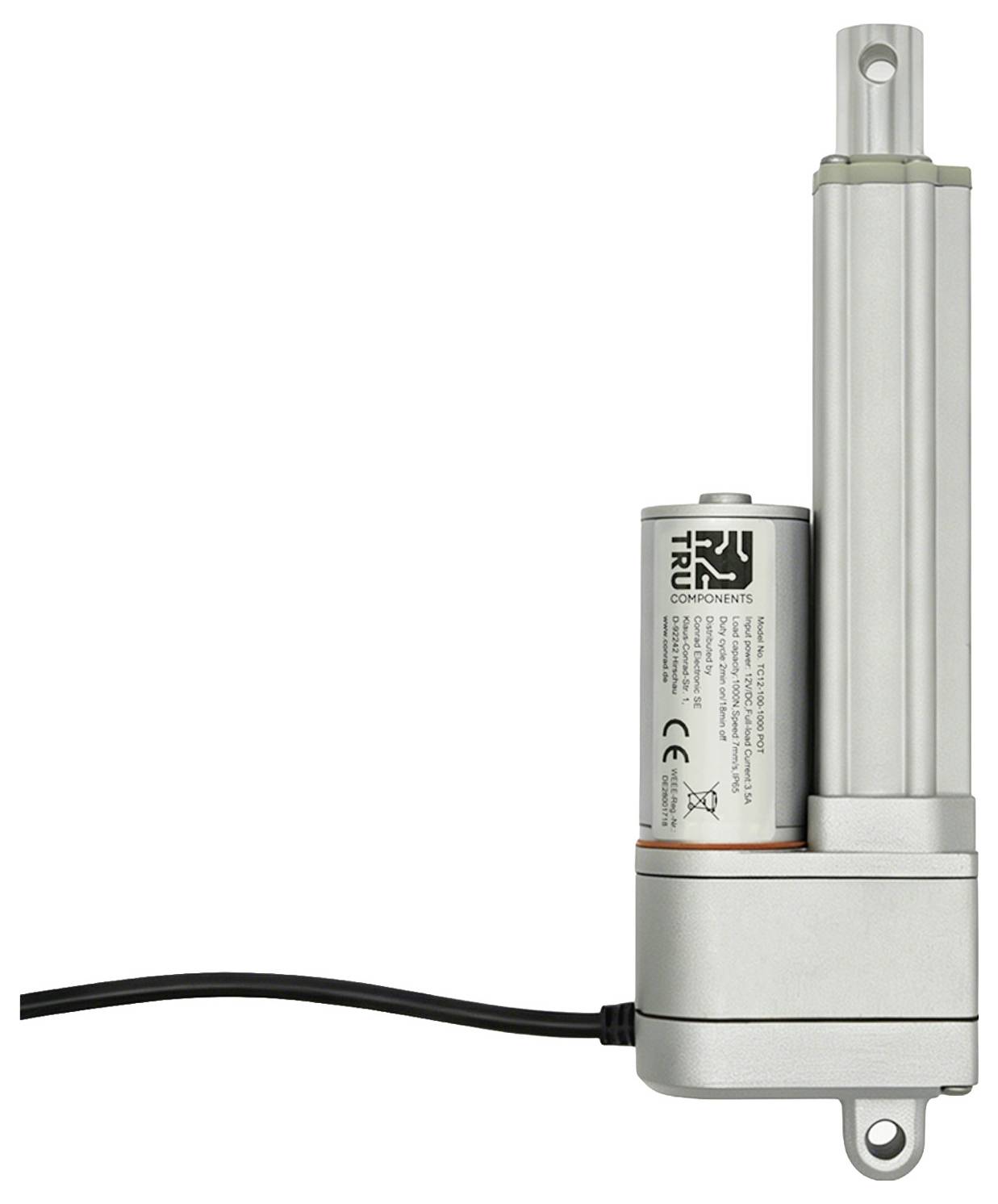 Compacte elektrische lineaire actuator met ingebouwde batterij, kabel en bevestigingsbeugels op een witte achtergrond.