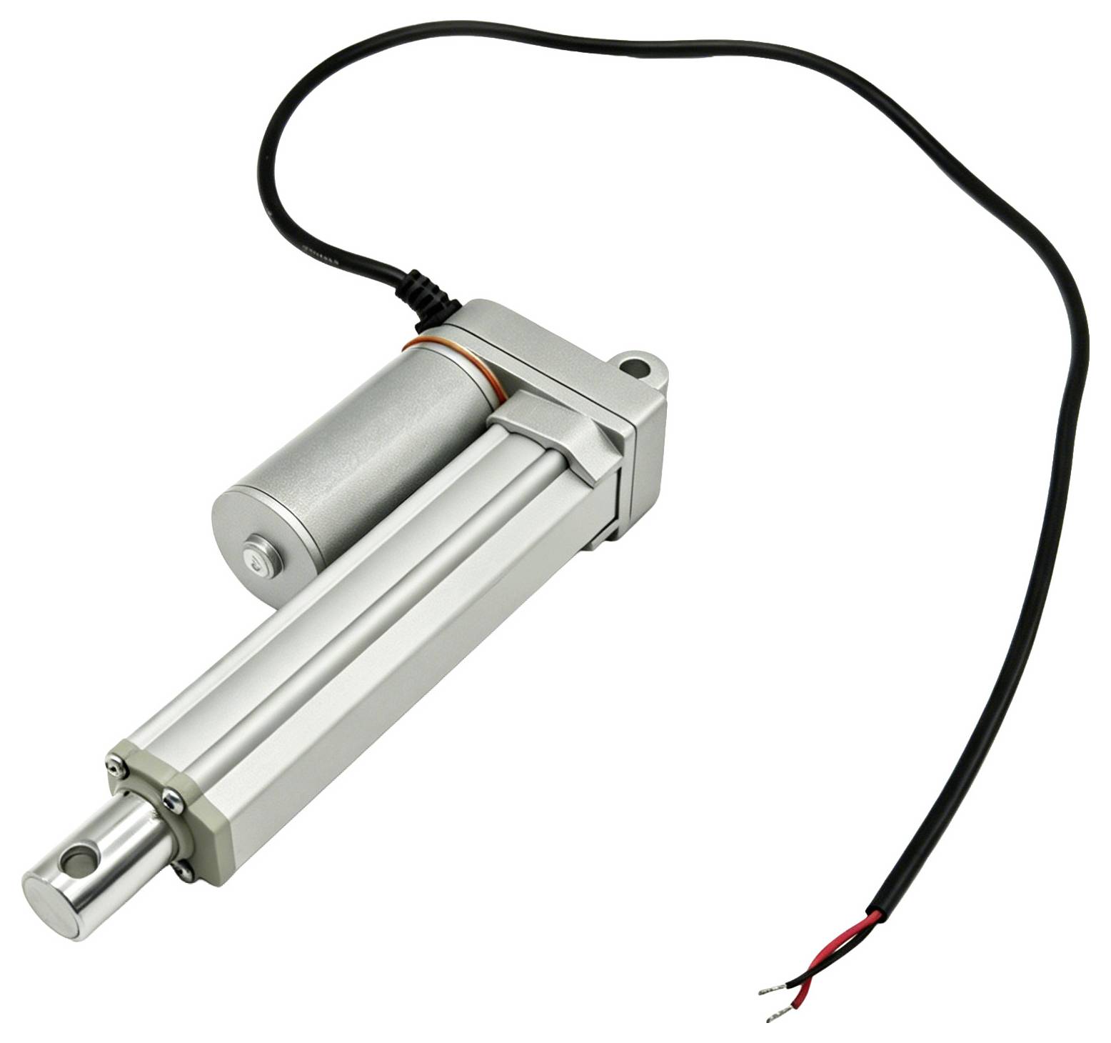 Elektrische lineaire actuator met aangesloten kabel en blootgestelde rode en zwarte draadeinden op een witte achtergrond.