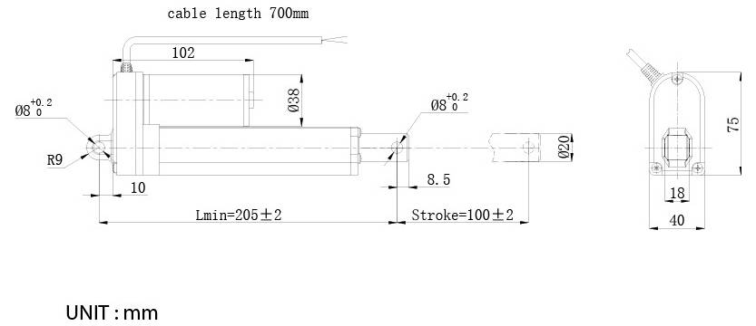 Technische dimensionaaltekening van een lineaire actuator, met kabellengte 700 mm, slag 100±2 mm, minimale lengte 205±2 mm, en eenheid in millimeters.