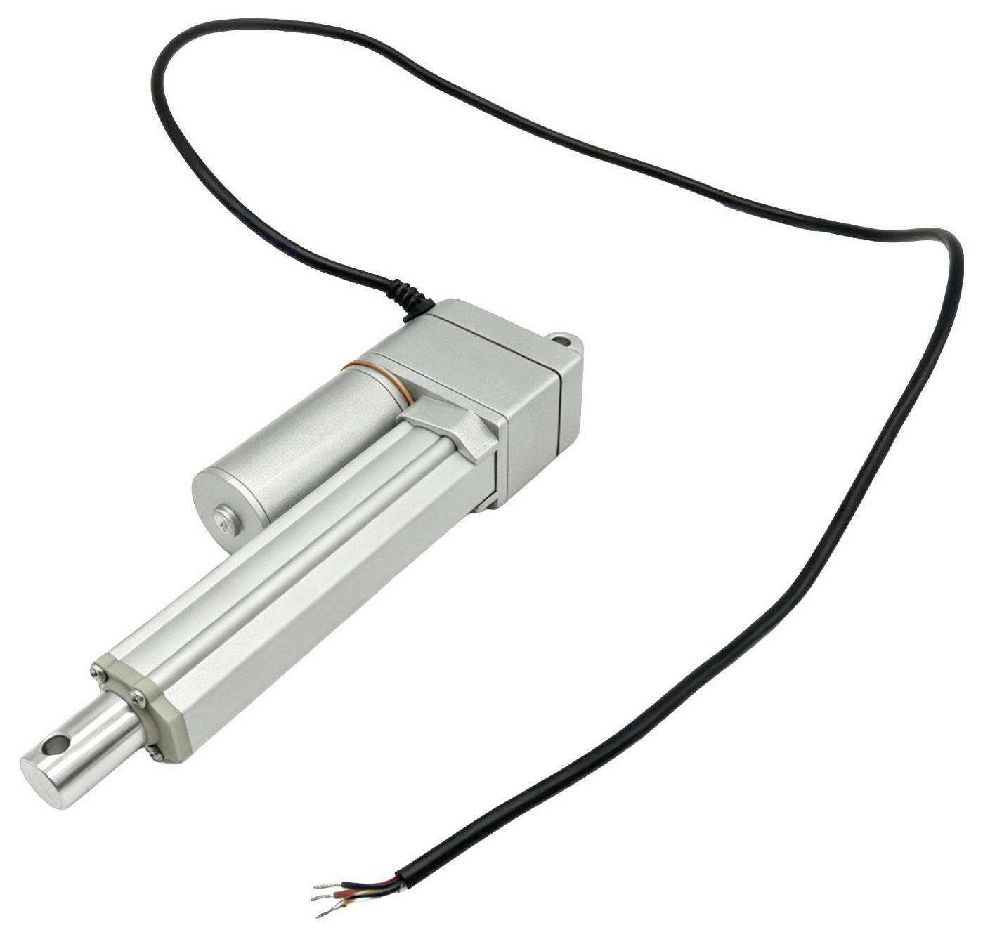 Zilveren elektrische lineaire actuator met aangesloten zwarte stroombkabel en blootgestelde draadklemmen, afgebeeld op een witte achtergrond.