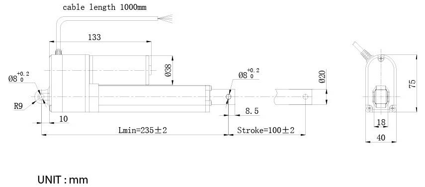 Technische dimensietekening van een via kabel verbonden cilindrische component, met zij- en eindaanzichten met afmetingen in mm, inclusief kabellengte 1000 mm, slag 100±2, en L min 235±2.