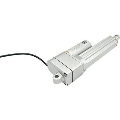 Close-up van een zilveren lineaire actuator met een zwarte voedingskabel, toont de motorbehuizing en uitgebreide zuigerstang op een witte achtergrond.