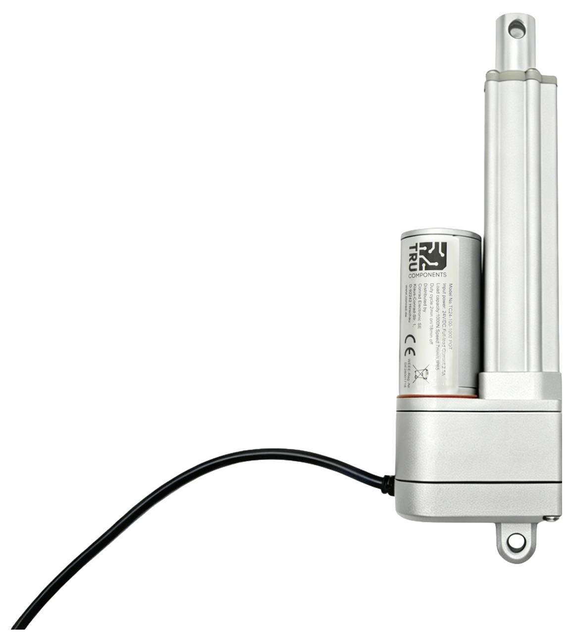 Elektrische lineaire actuator met zilveren behuizing, verlengde stang en aangesloten zwarte voedingskabel op een witte achtergrond.