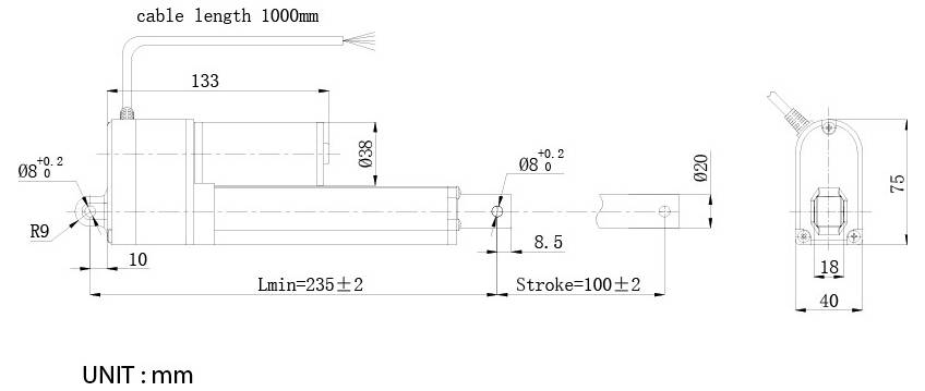Technische dimensionaaltekening van een lineaire actuator met kabellengte 1000 mm, eenheid mm, totale lengte Lmin 235±2, slag 100±2, en voor-/einddimensies.