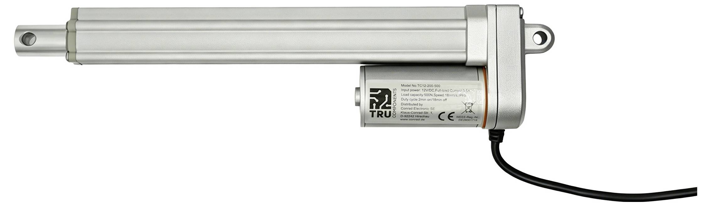 Elektrische lineaire actuator met verlengde zilveren zuigerstang, cilindrische motorbehuizing, bevestigingsogen en aangesloten zwarte voedingskabel op een witte achtergrond.