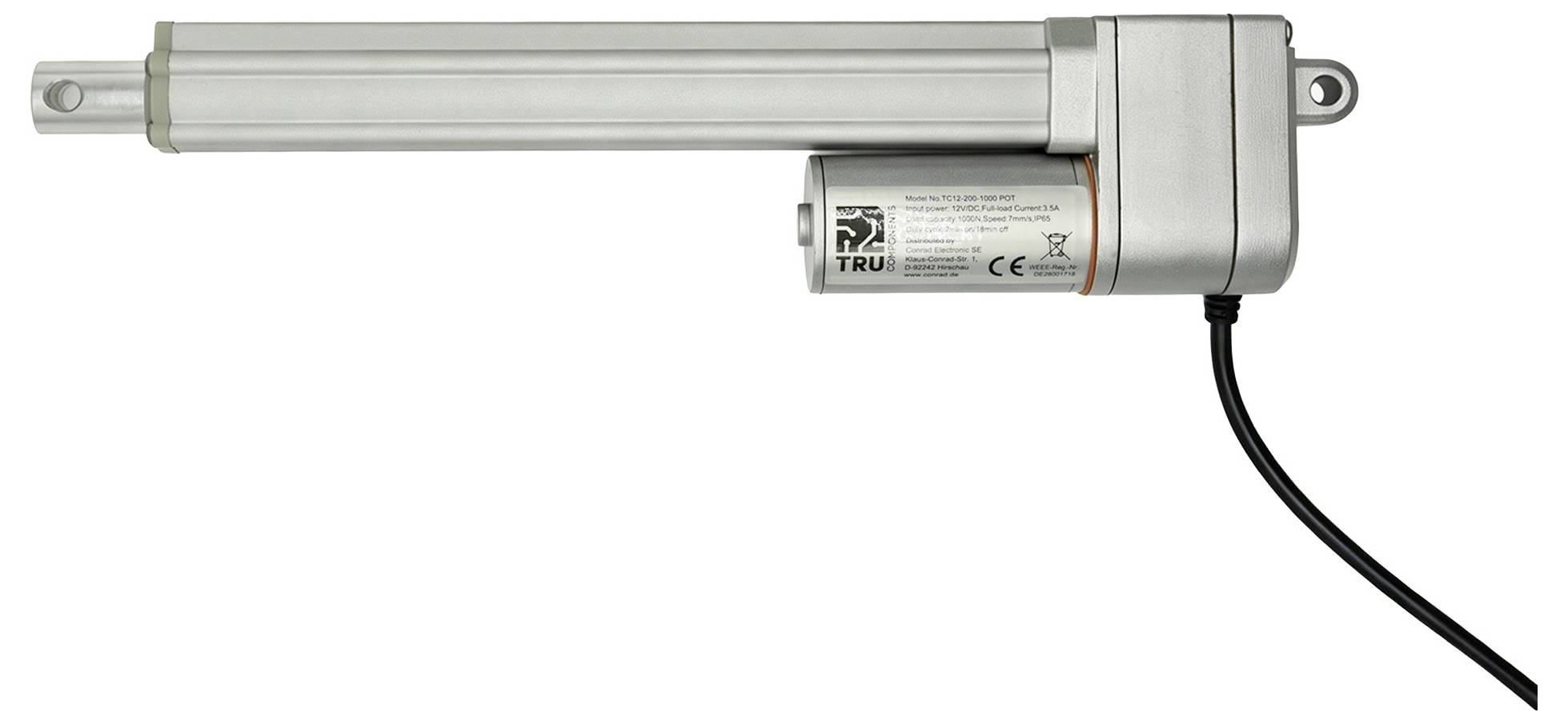 Elektrische lineaire actuator met verlengde zilveren zuigerstang en aangesloten stroomkabel op een witte achtergrond