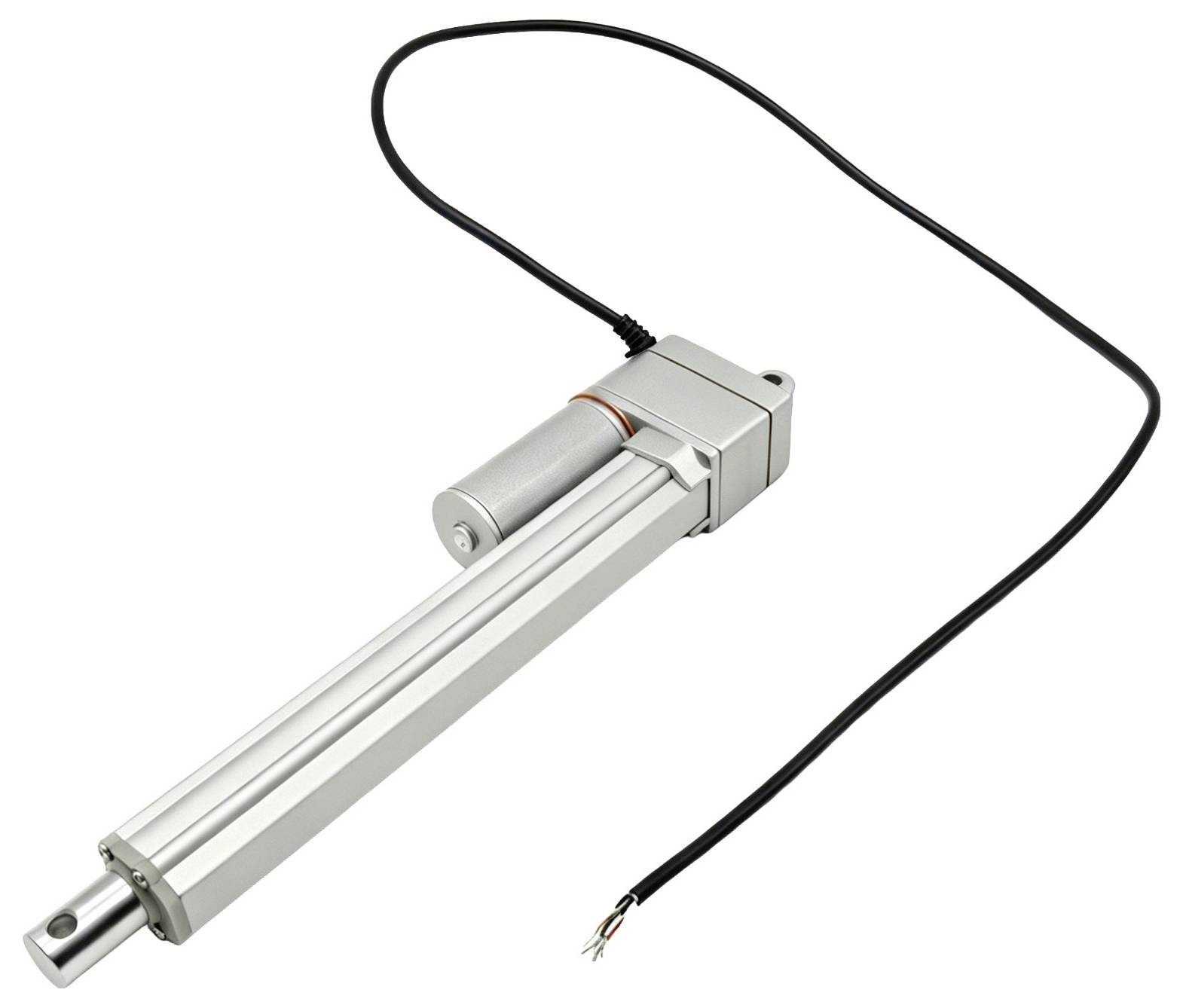 Elektrische lineaire actuator met een lange aluminium behuizing, aangesloten zwarte voedingskabel en verlengde schacht op een witte achtergrond.