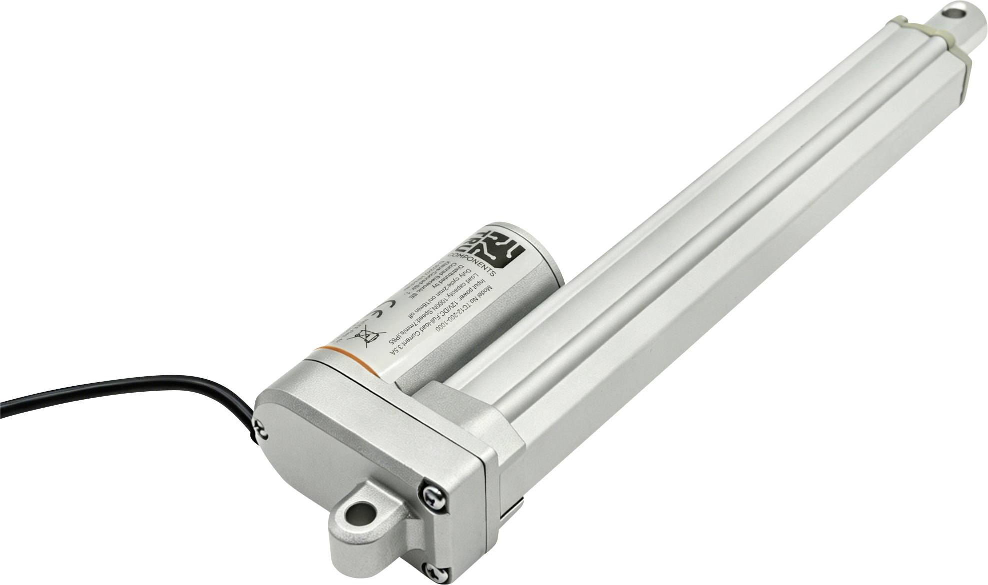 Zilveren elektrische lineaire actuator met aangesloten kabel en montagebeugel, weergegeven op een witte achtergrond.
