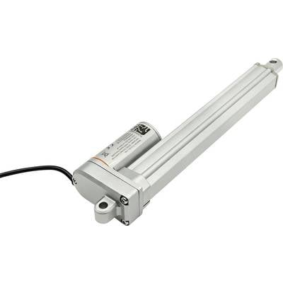 Zilveren elektrische lineaire actuator met aangesloten kabel en montagebeugel, weergegeven op een witte achtergrond.