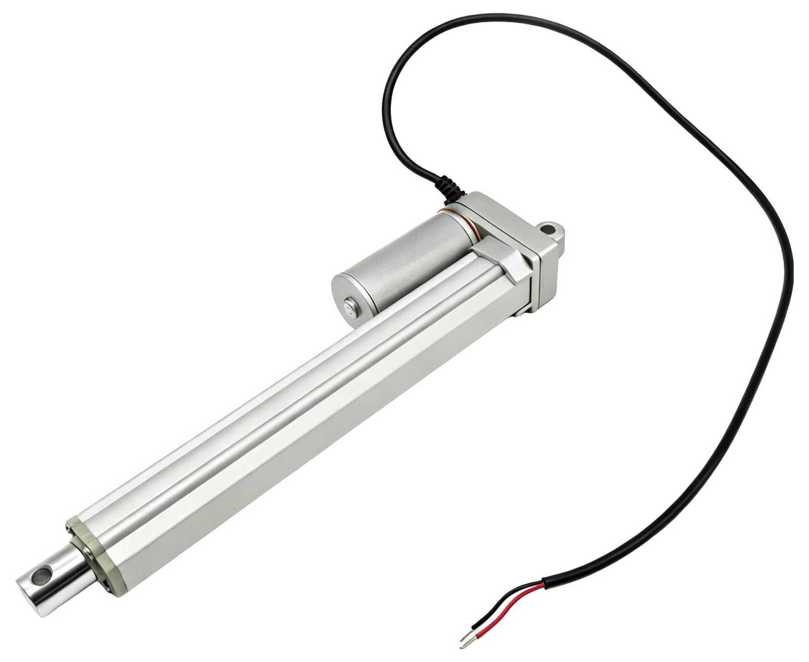Lineaire elektrische actuator met verlengde zilveren zuigerstang en aangesloten zwarte voedingskabel met blootgestelde rode en zwarte aansluitdraden.