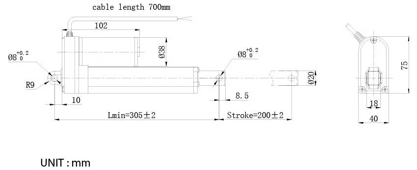Technische tekening van een lineaire actuator in millimeters, met kabellengte 700 mm, totale lengte 305±2, slag 200±2, en belangrijke afmetingen van de zijkant- en eindaanzichten.