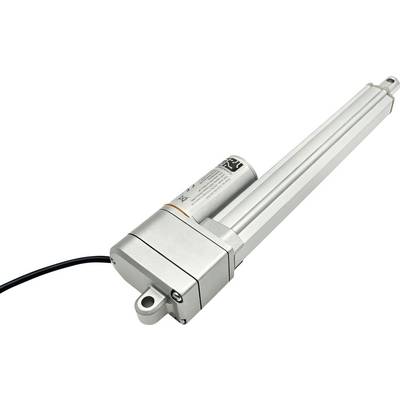 Industriële lineaire actuator met twee uitgebreide zilveren rails en een zwarte voedingskabel, afgebeeld op een witte achtergrond.