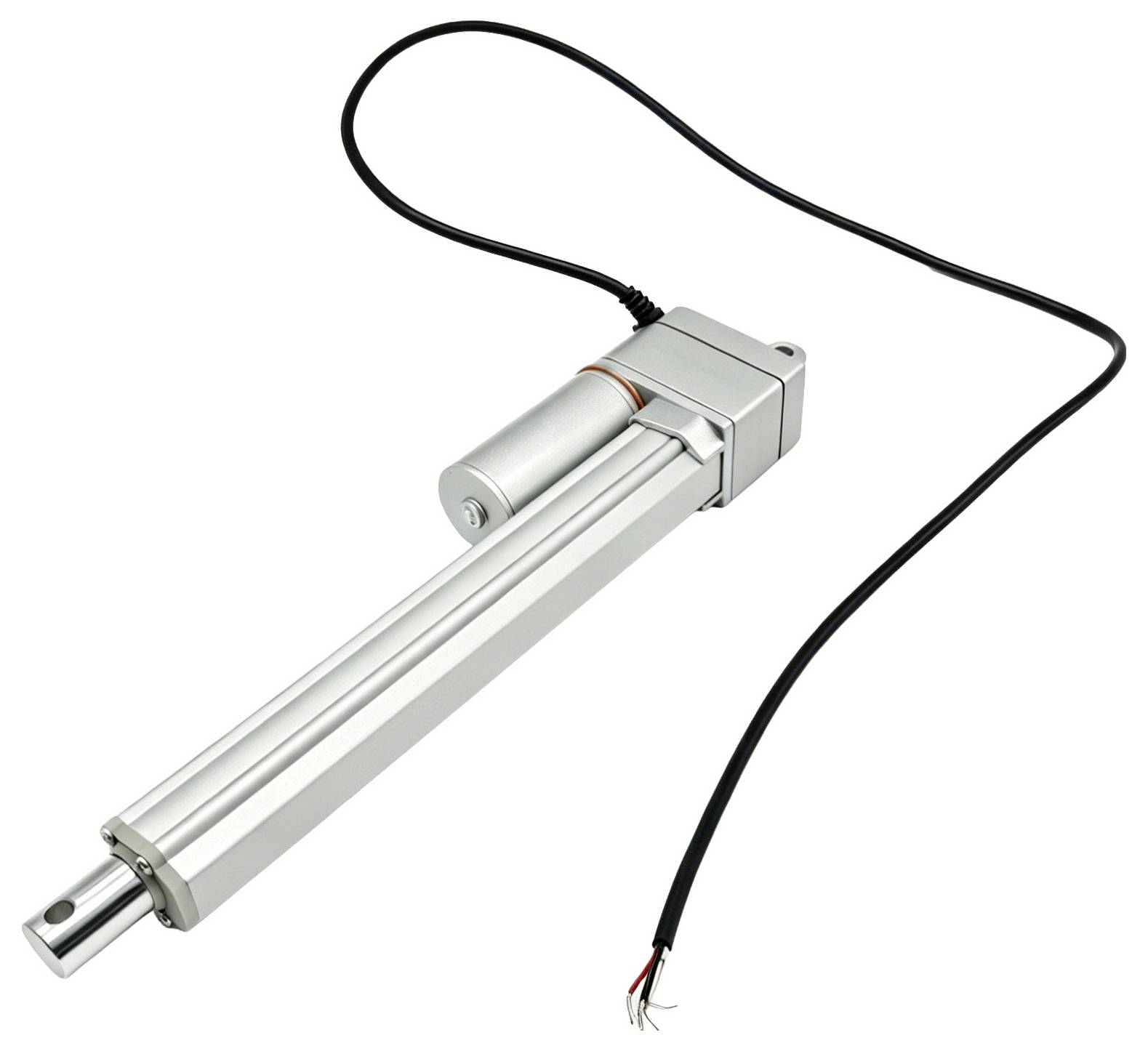 Zilveren elektrische lineaire actuator met aangesloten zwarte voedingskabel en blootgestelde draadeinden, weergegeven op een witte achtergrond.