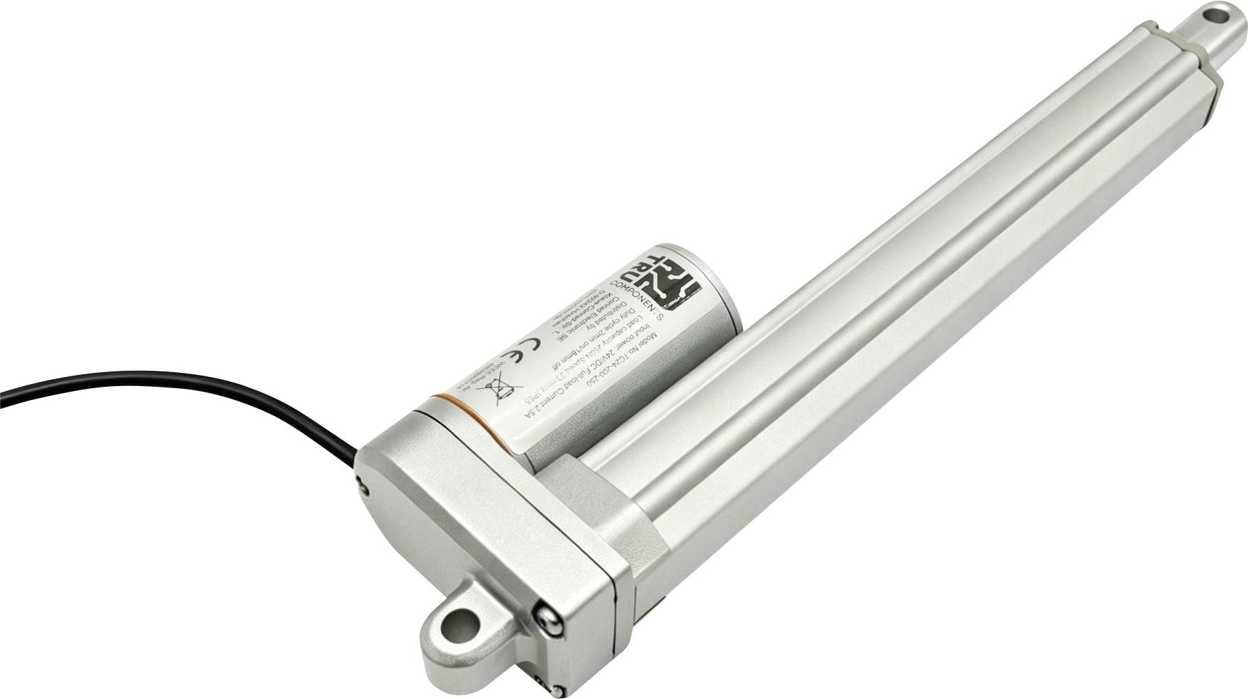 Elektrische lineaire actuator met een zwarte voedingskabel en bevestigingsogen, weergegeven op een witte achtergrond.