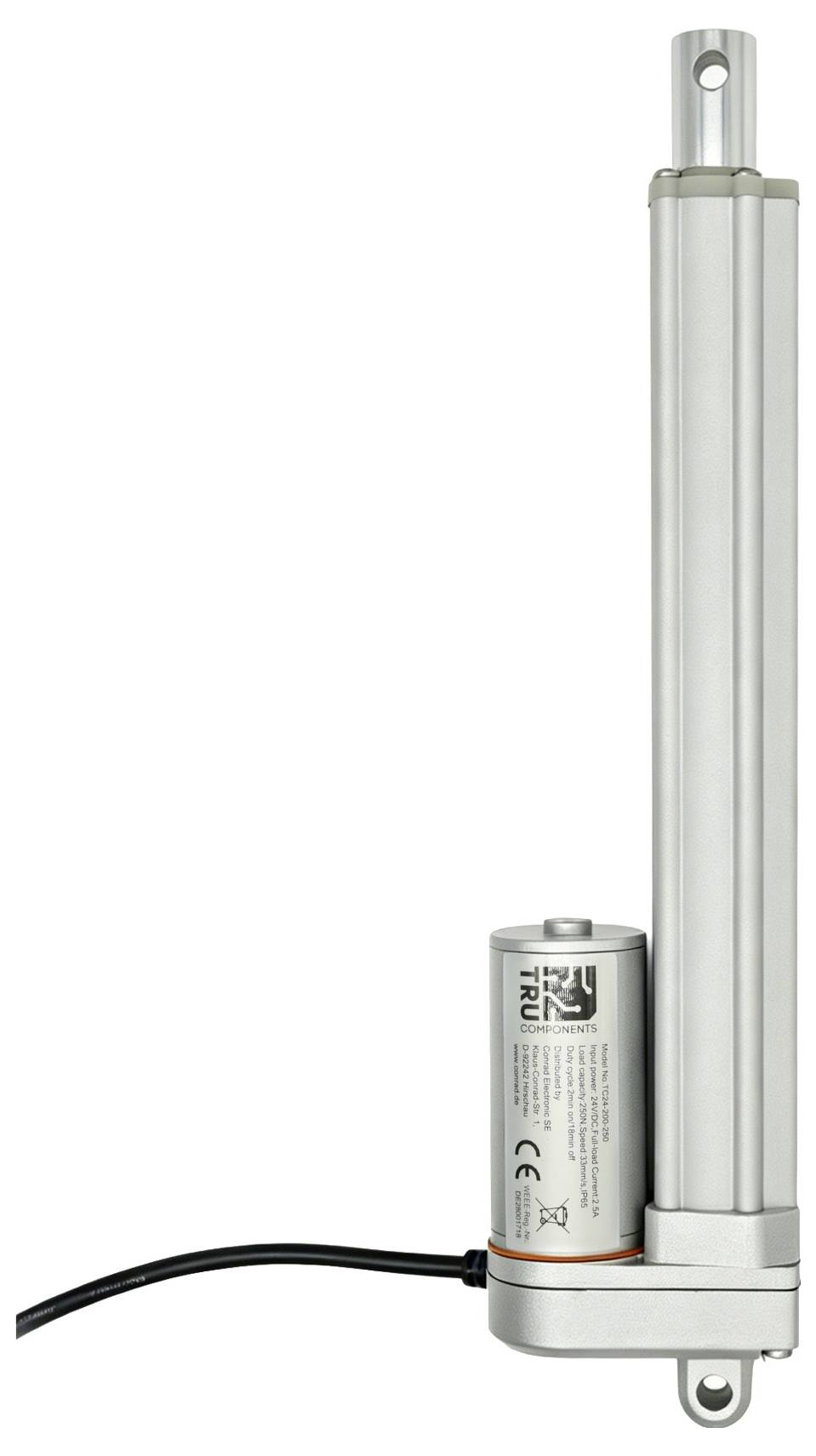 Elektrische lineaire actuator met zilveren cilinder, bevestigde motor en kabel, geïsoleerd tegen een witte achtergrond weergegeven.