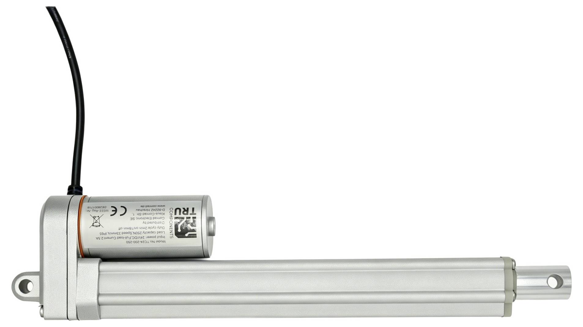 Elektrische lineaire actuator met een zilveren motorbehuizing en lange uitschuifbare staaf, weergegeven op een witte achtergrond.