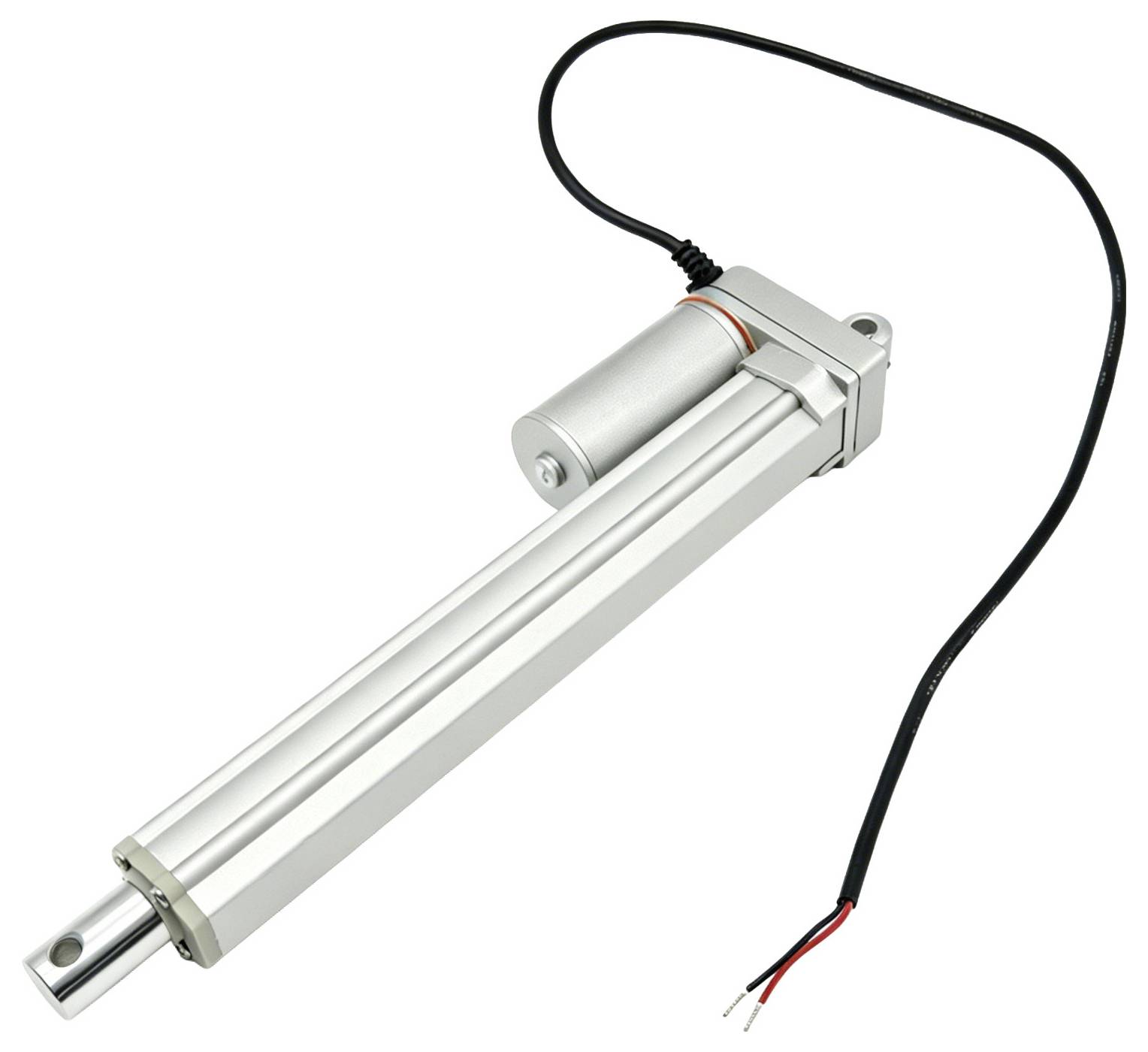 Elektrische lineaire actuator met verlengde zilveren zuigerstang en aangesloten zwarte voedingskabel met blootgestelde rode en witte draden.