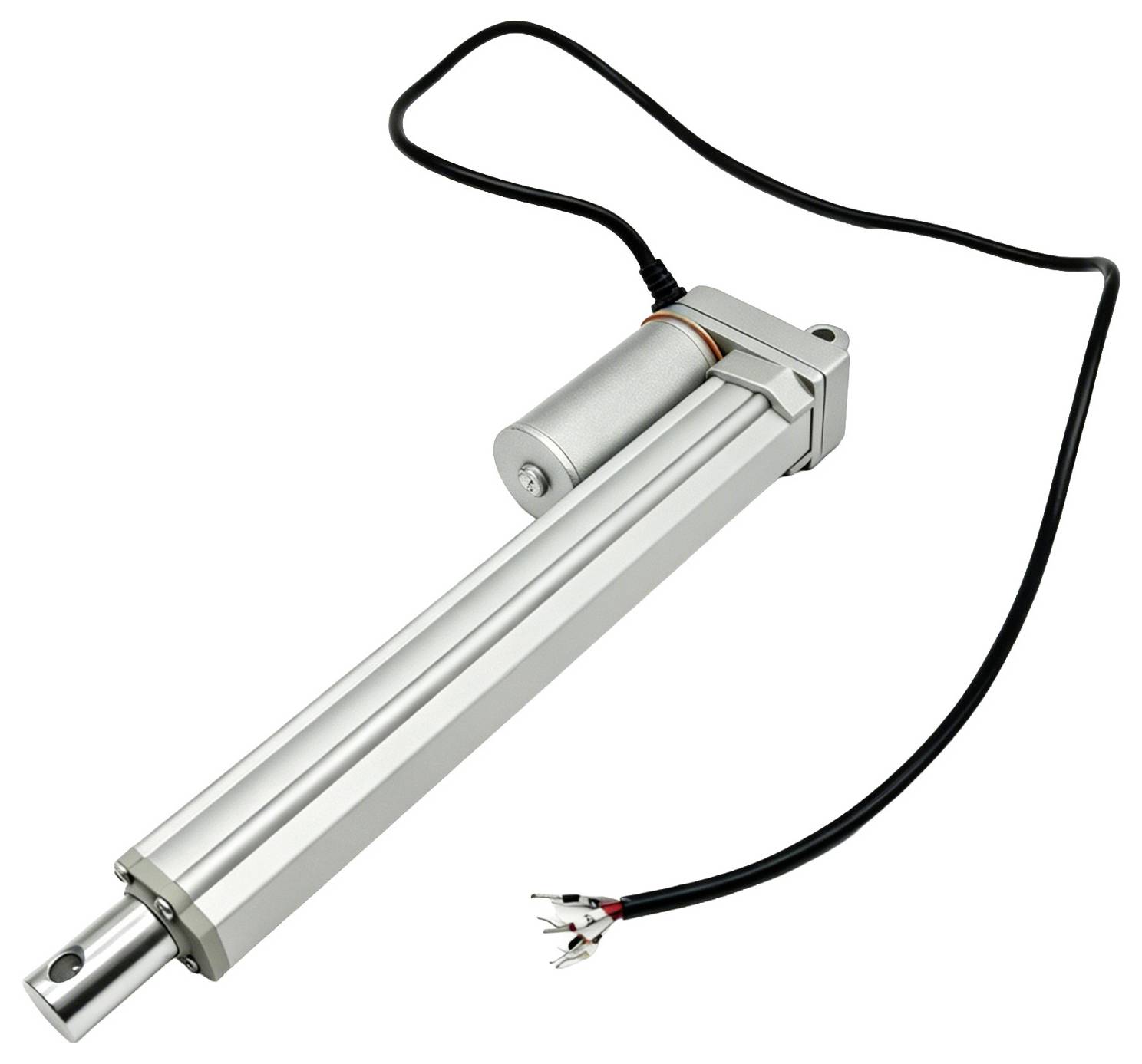 Elektrische lineaire actuator met een aangesloten stroomkabel en blootgestelde draadeinden, weergegeven op een witte achtergrond.