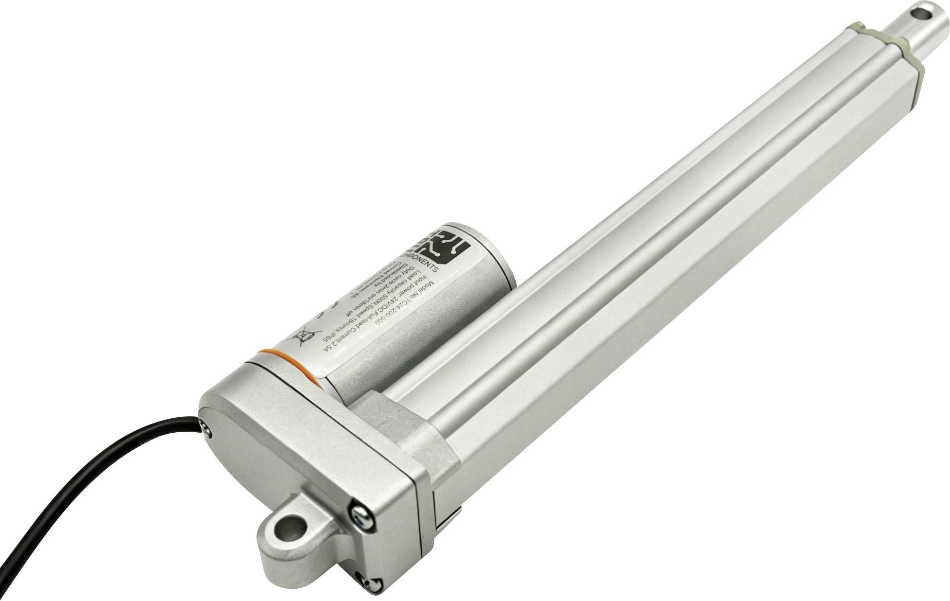 Zilveren elektrische lineaire actuator met zwarte stroomkabel en bevestigingsbeugels, getoond op een witte achtergrond.