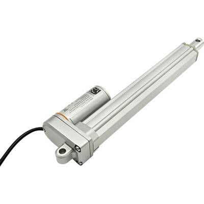Zilveren elektrische lineaire actuator met zwarte stroomkabel en bevestigingsbeugels, getoond op een witte achtergrond.