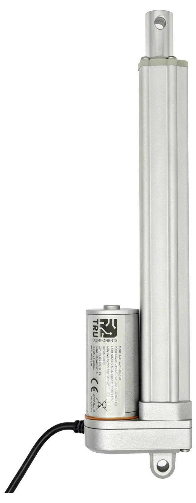 Verticale zilveren lineaire actuator met een bijbehorende batterijpack en kabel, geïsoleerd op een witte achtergrond.