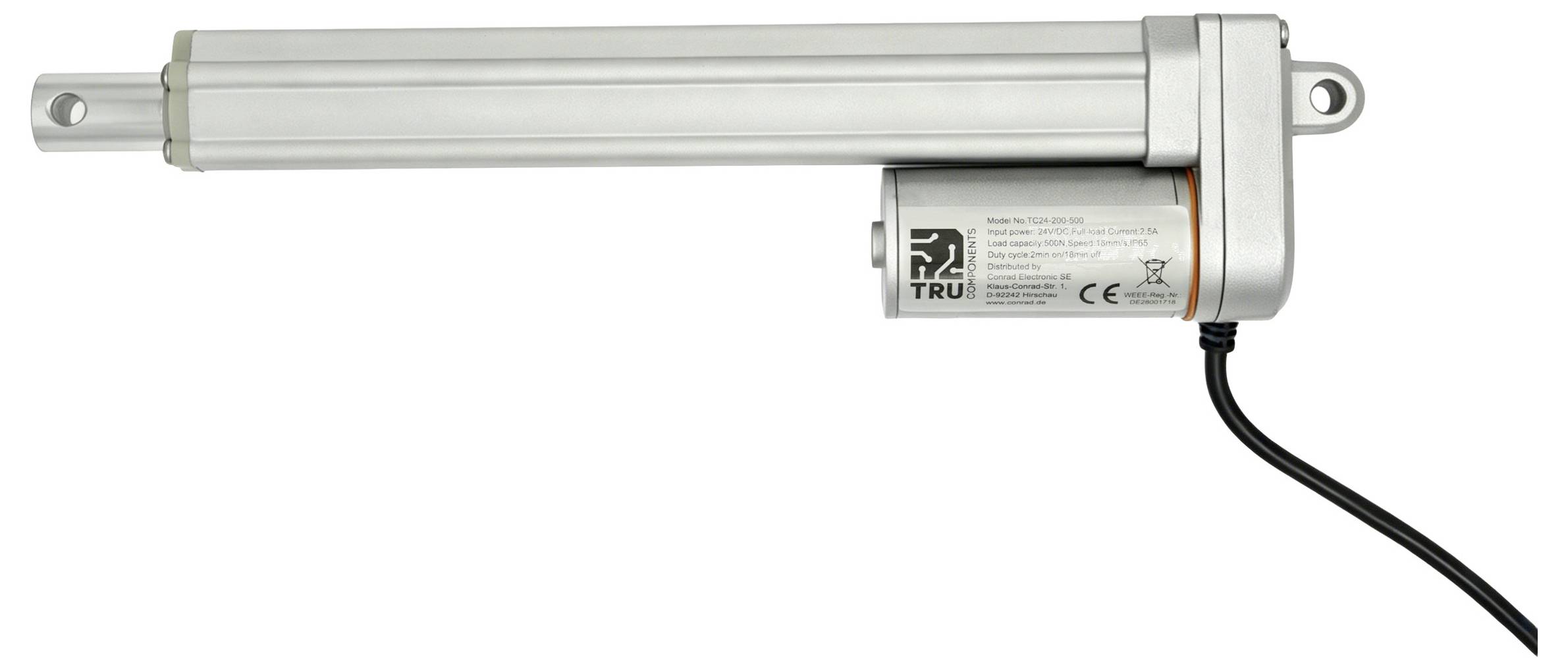 Zilveren elektrische lineaire actuator met uitgebreide staaf, bevestigingsogen en aangesloten stroomkabel op witte achtergrond.