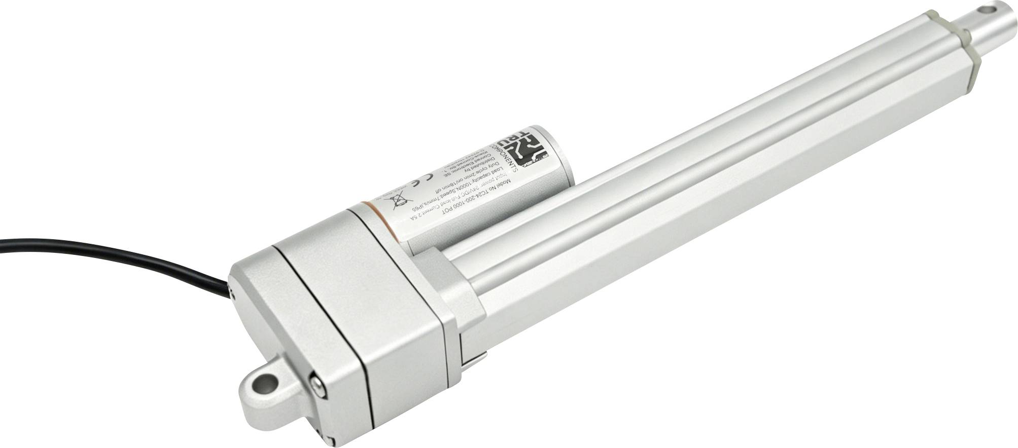 Elektrische lineaire actuator met zilveren metalen behuizing, uitgebreide stang, montageoog en aangesloten zwarte voedingskabel op witte achtergrond.