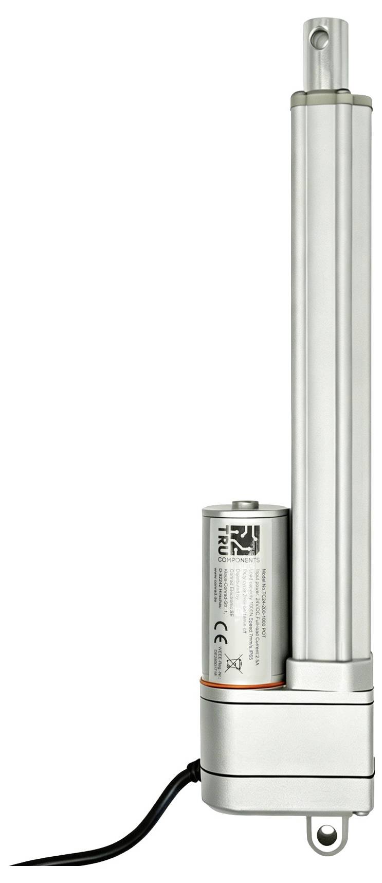 Zilveren elektrische lineaire actuatormotor met aangesloten netsnoer en montagebeugel op een witte achtergrond.