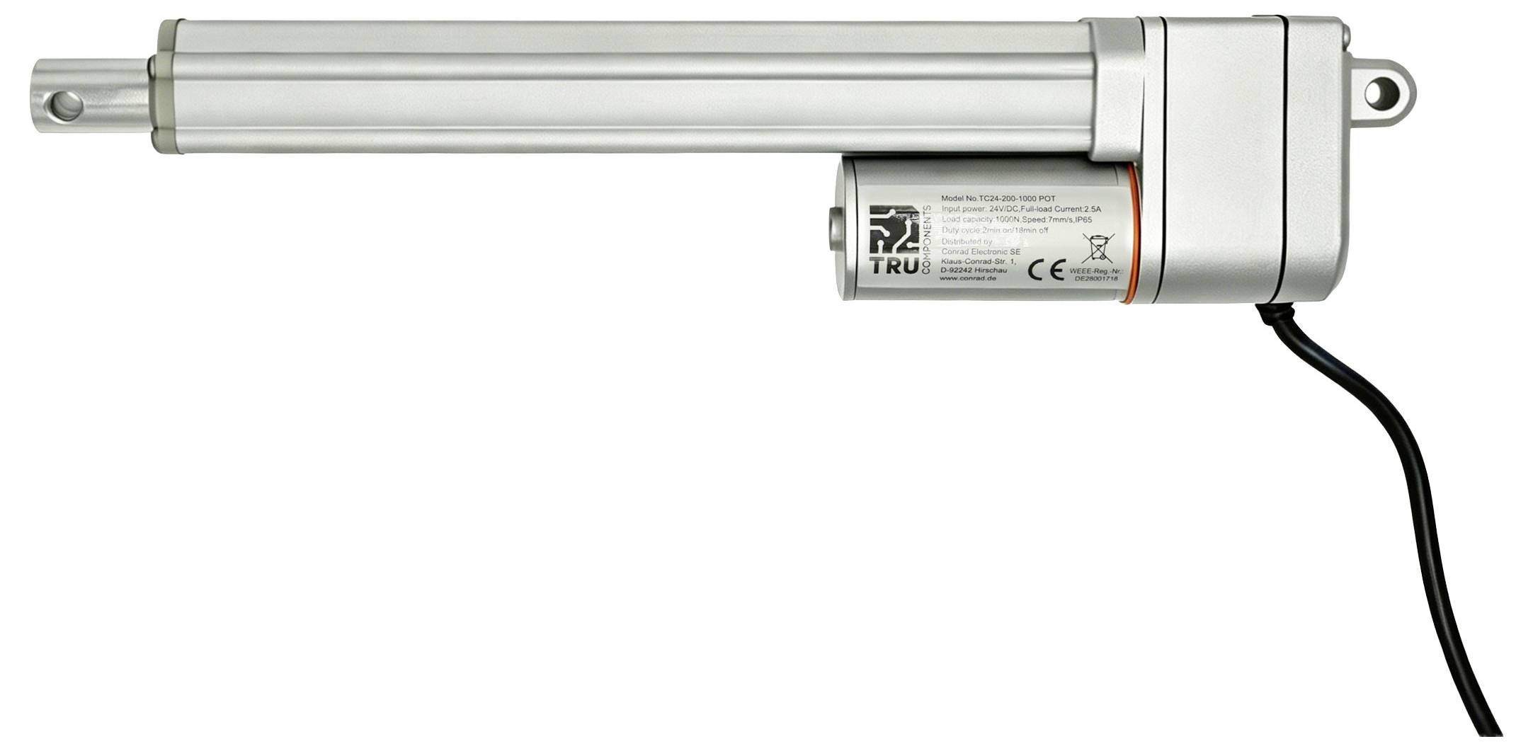 Elektrische lineaire actuator met verlengde zilveren staaf, montagebeugels en aangesloten zwarte strooomkabel op een witte achtergrond