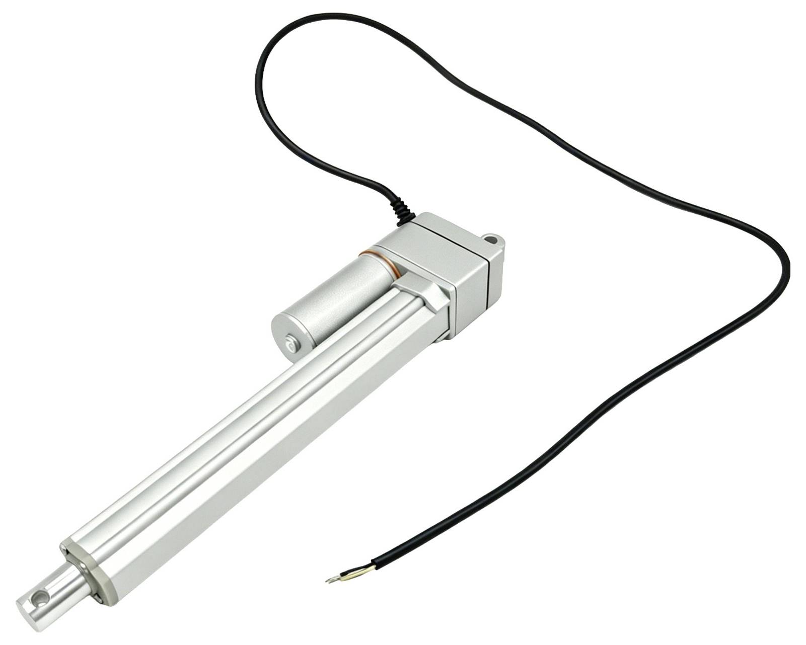 Elektrische lineaire actuator met een zwarte stroomkabel eraan bevestigd, afgebeeld op een witte achtergrond.