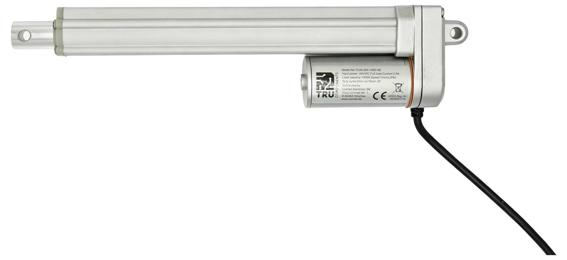 Zilveren elektrische lineaire actuator met verlengde stang en montagebeugelsin afgebeeld op een witte achtergrond met een voedingskabel aangesloten op de motorbehuizing.