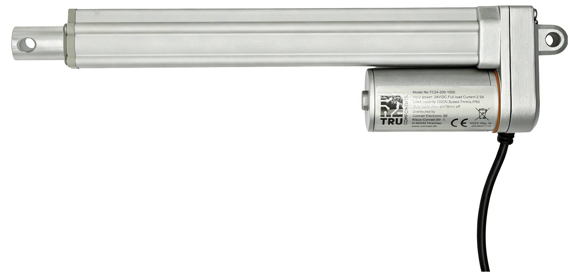 Elektrische lineaire actuator met verlengde zilveren staaf, montage-oogjes en aangesloten stroomkabel op een witte achtergrond