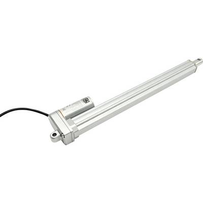 Een elektrische lineaire actuator met een zilveren cilindrisch behuizing, zwarte voedingskabel en een montagebracket aan één uiteinde.